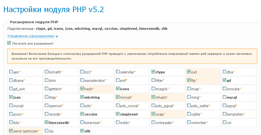 Требуемые модули PHP для корректной работы